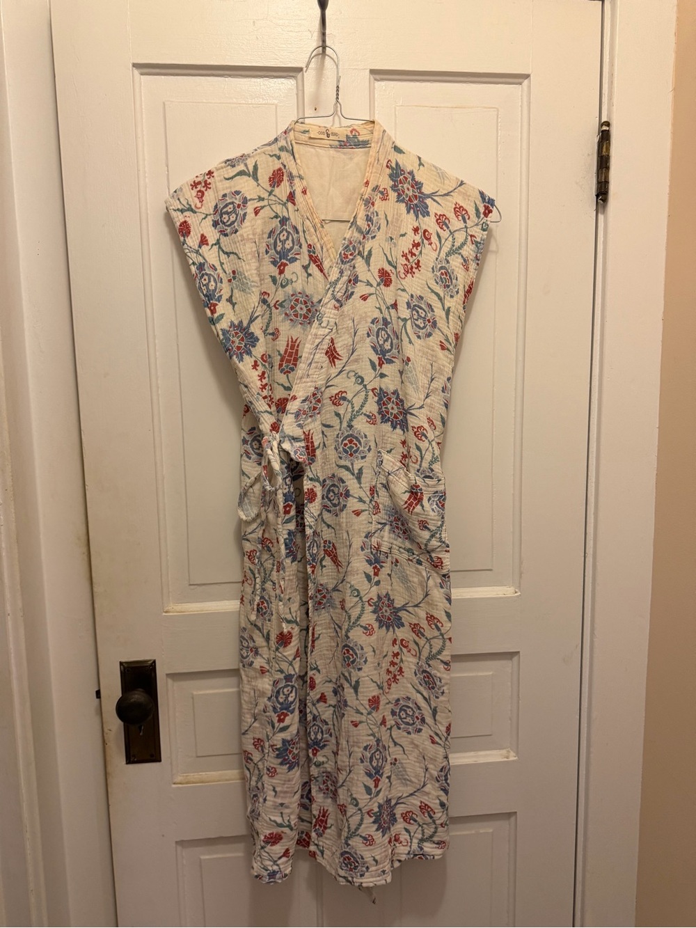 Cream Floral Wrap Maxi Dress with Blue and Red Print